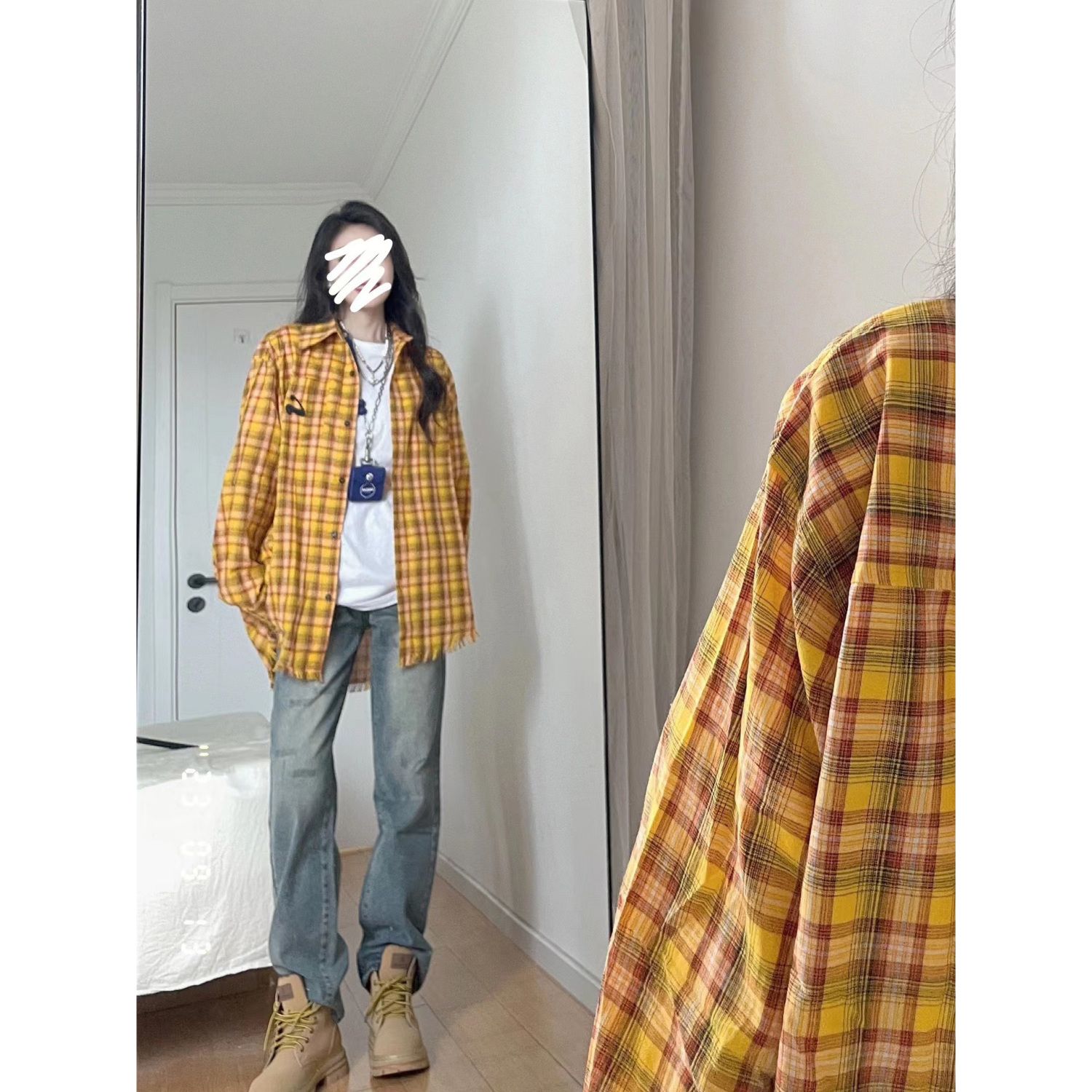慵懶韓版復古黃色格子襯衫外套女秋季中長款設計感小眾休閒襯衣潮
