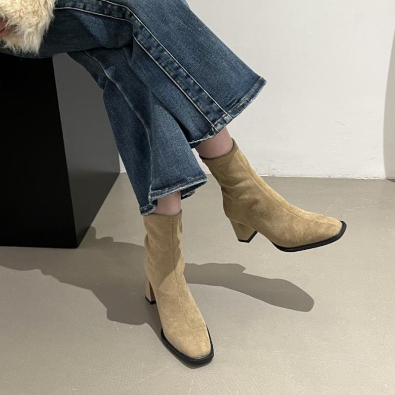 French style thin square toe thick heel slim short boots for women 2023 autumn and winter new Korean suede high heel ankle boots