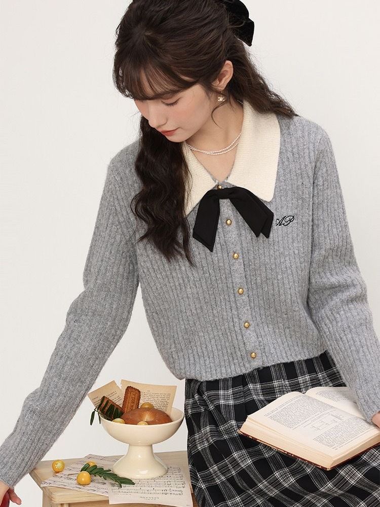 MINETTE秋冬新款翻領蝴蝶結針織開衫女學院風撞色短款毛衣外套