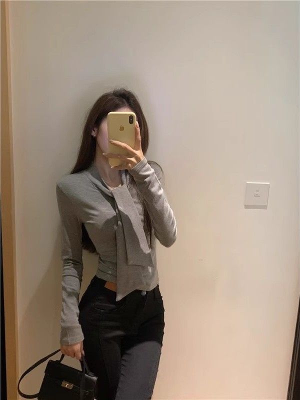法式系帶長袖t恤打底衫新款女秋冬時尚洋氣時髦修身顯瘦內搭上衣
