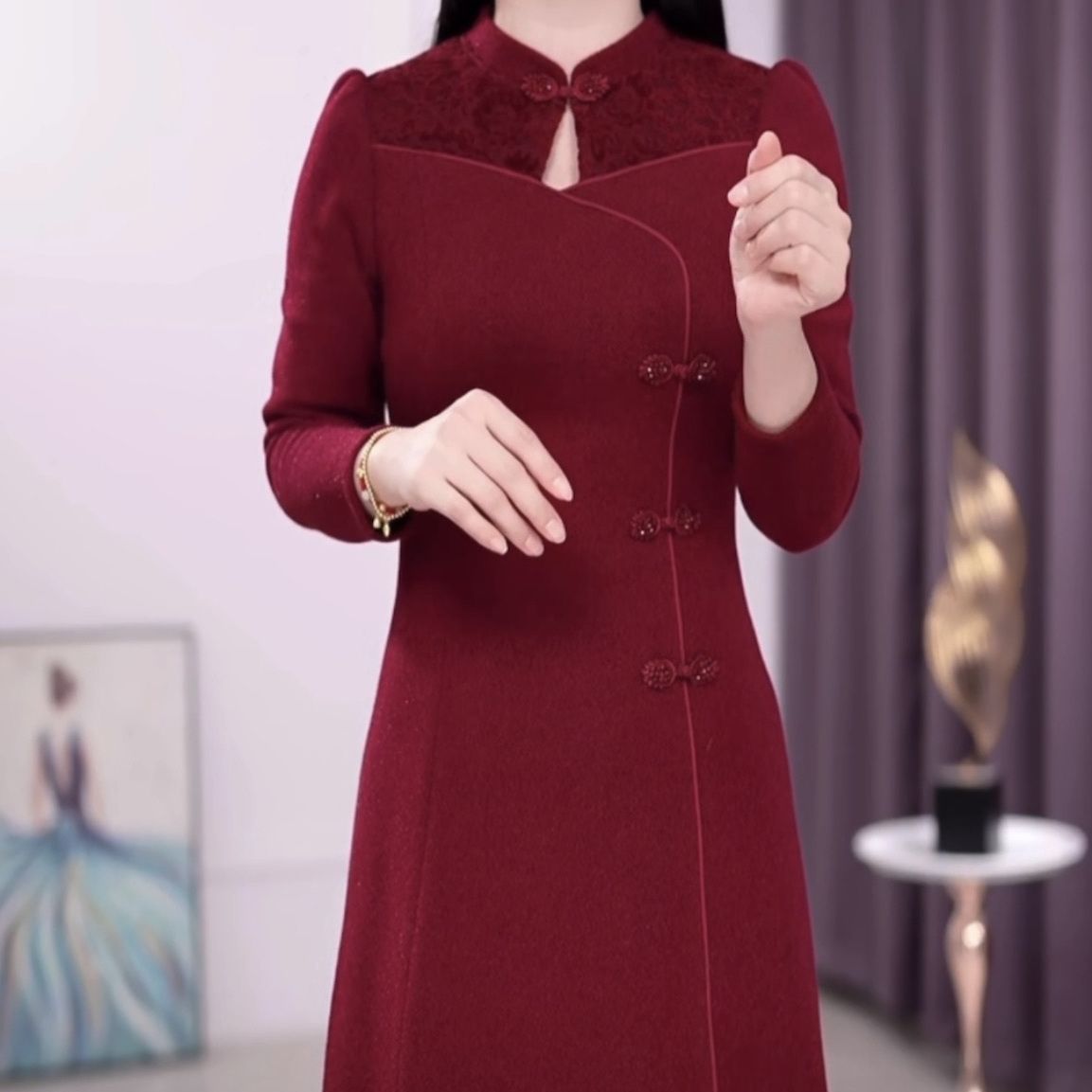 高檔婚宴貴妃絨改良版旗袍連衣裙2023新款冬季女婆婆媽媽氣質裙子