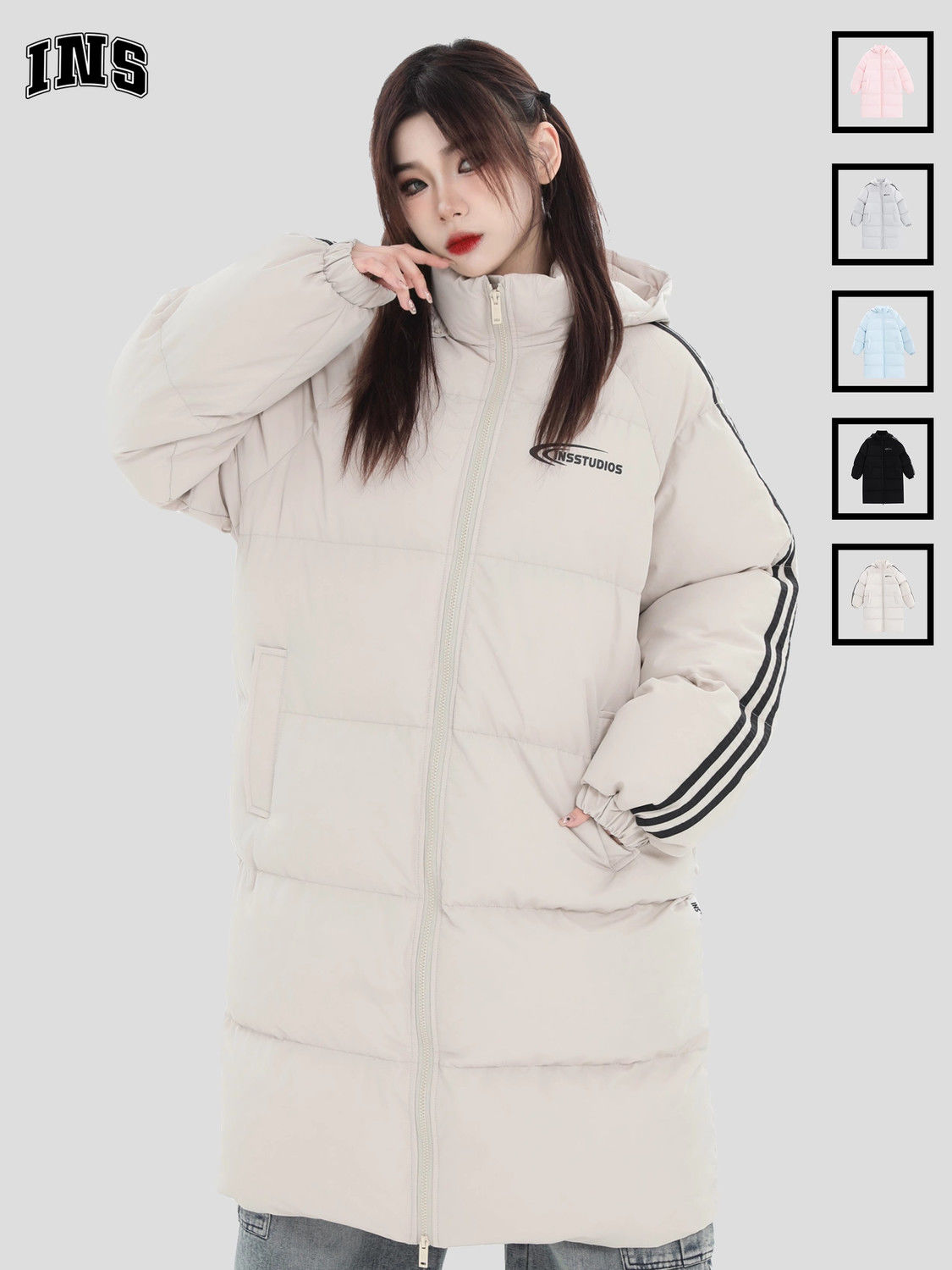 INSstudios 國潮牌情侶美式可拆卸連帽長款條紋棉服方形棉衣外套