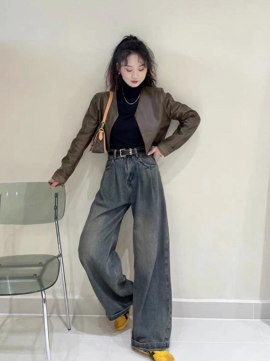 水泥灰復古闊腿牛仔褲女秋冬小個子美拉德穿搭遮胯顯瘦寬鬆直筒褲