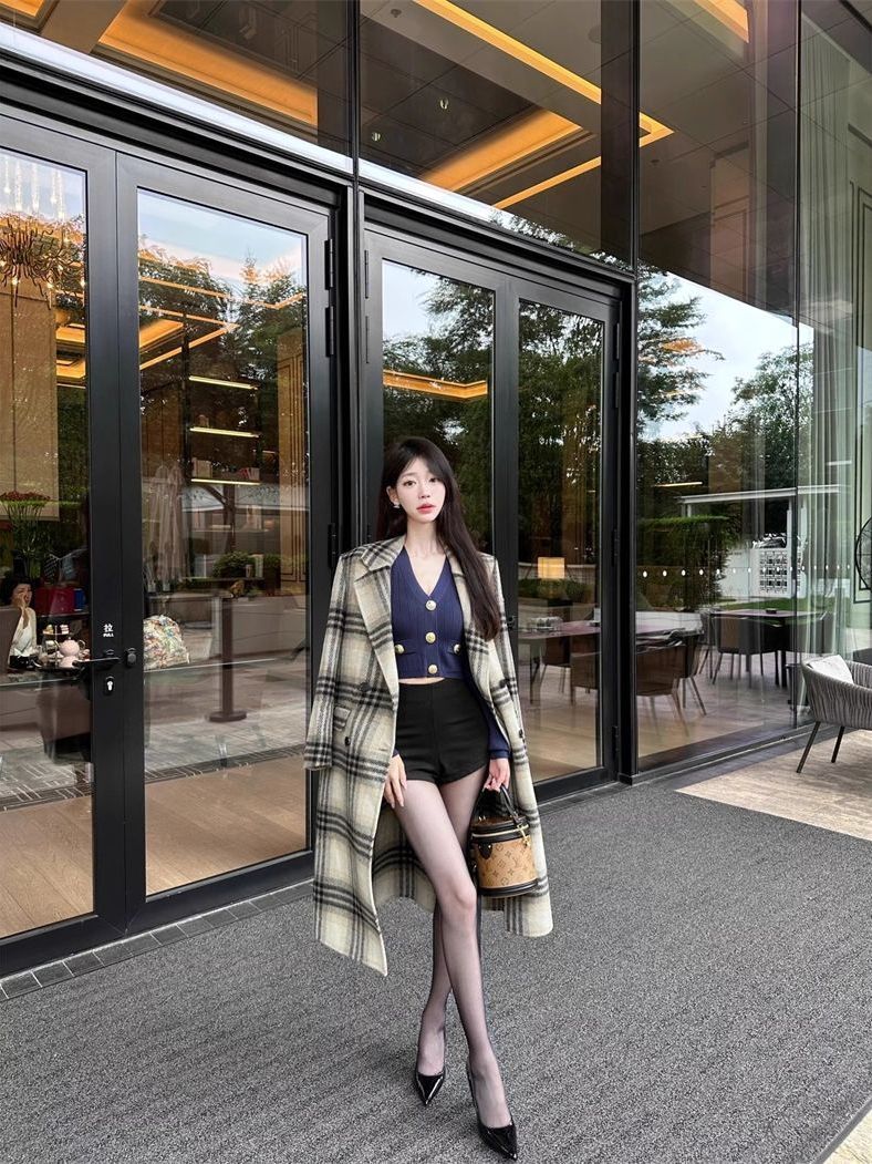 Woolen coat  autumn and winter new style high-end small plaid double-sided cashmere woolen mid-length coat for women