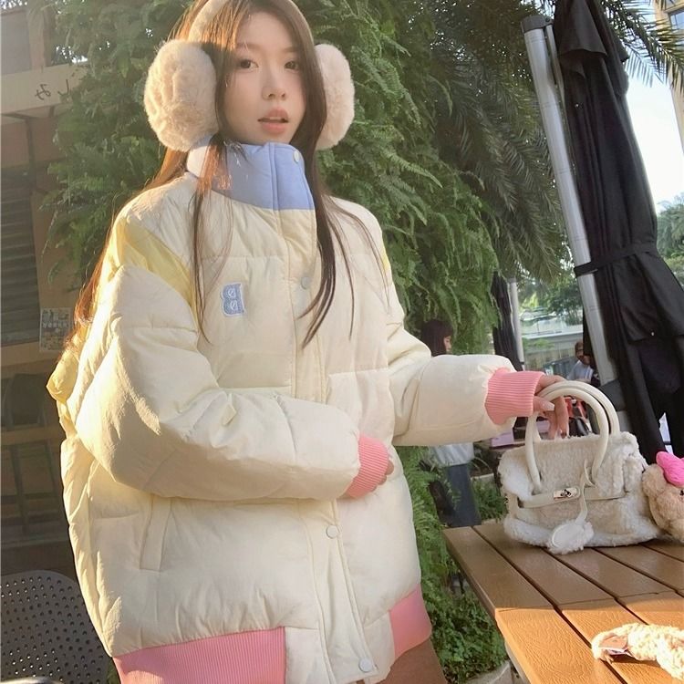 美式潮牌甜美拼色立領棉服外套麵包服女冬季新款保暖百搭寬鬆棉衣