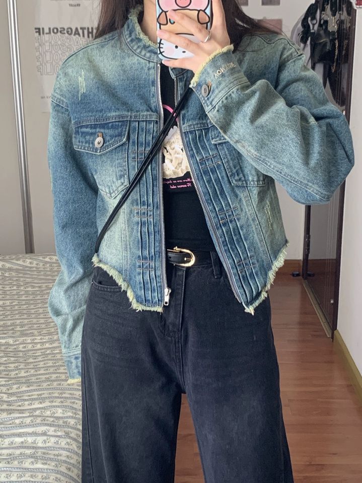 American retro washed distressed denim short jacket for women spring and autumn new style raw edge design slim hot girl top trendy