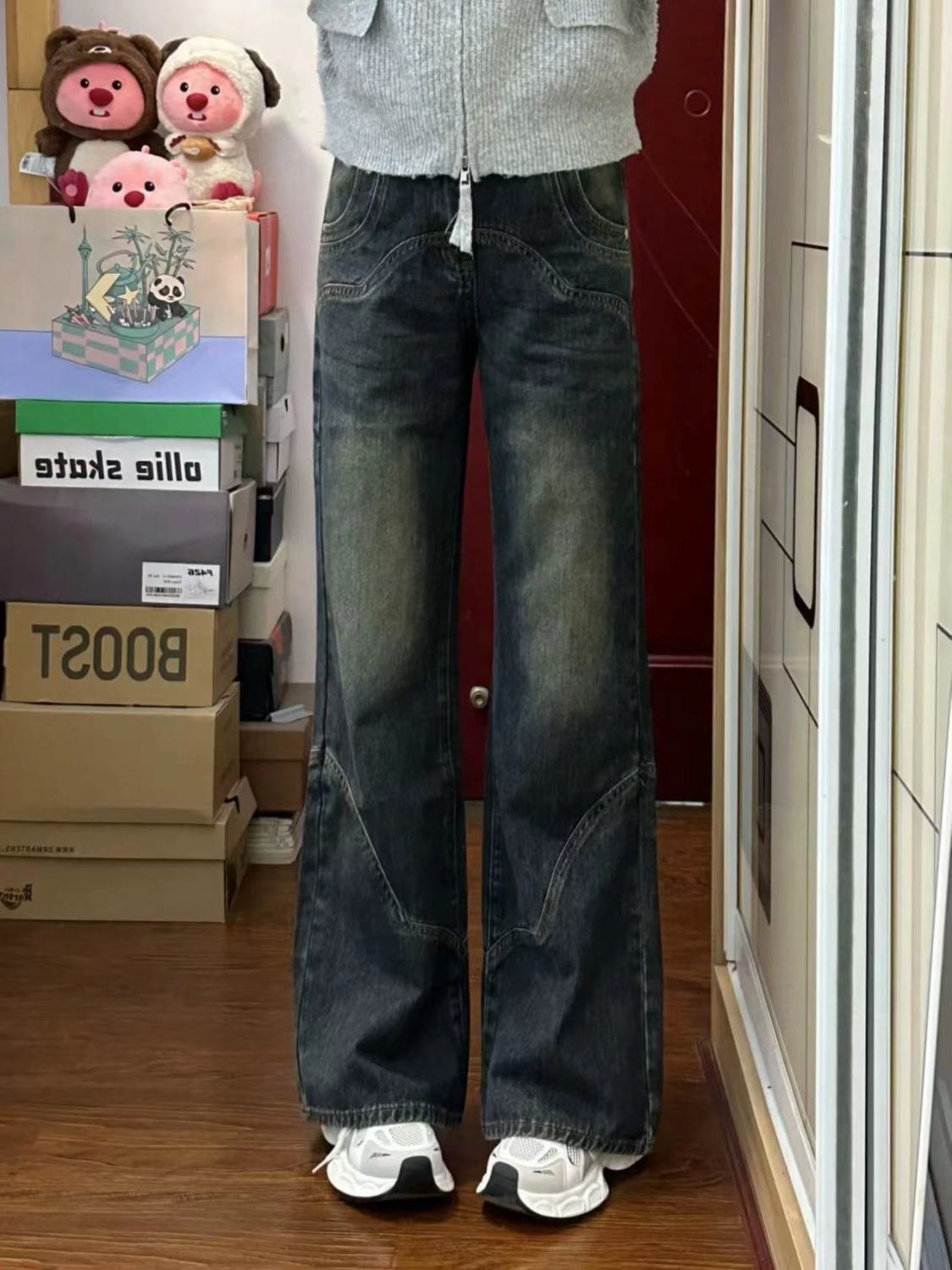 高街小個子水泥灰微叭牛仔褲女秋冬設計感高腰寬鬆顯瘦闊腿拖地褲