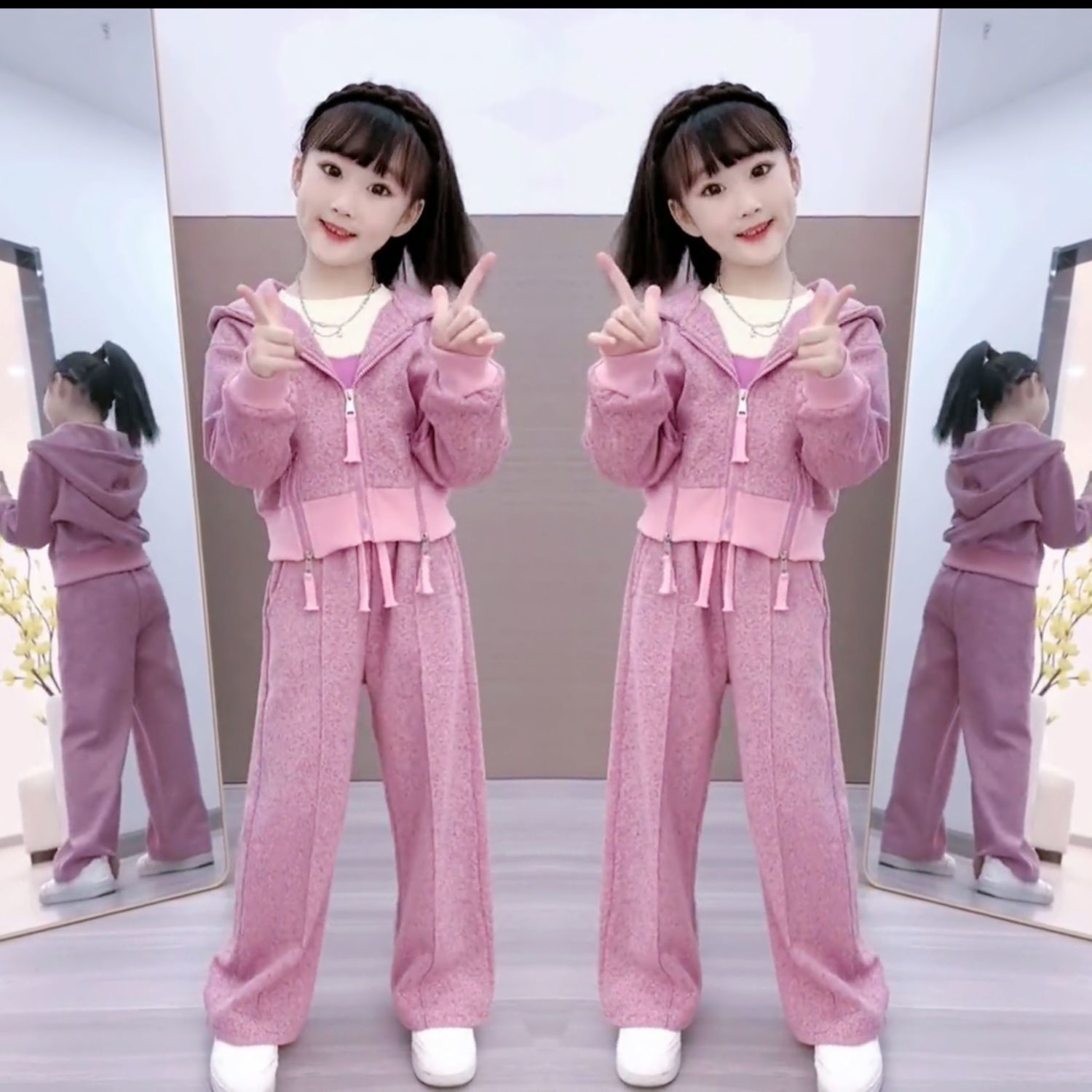 女童春秋套裝兒童秋季帶帽衛衣學生運動秋裝2023新款洋氣小女孩潮