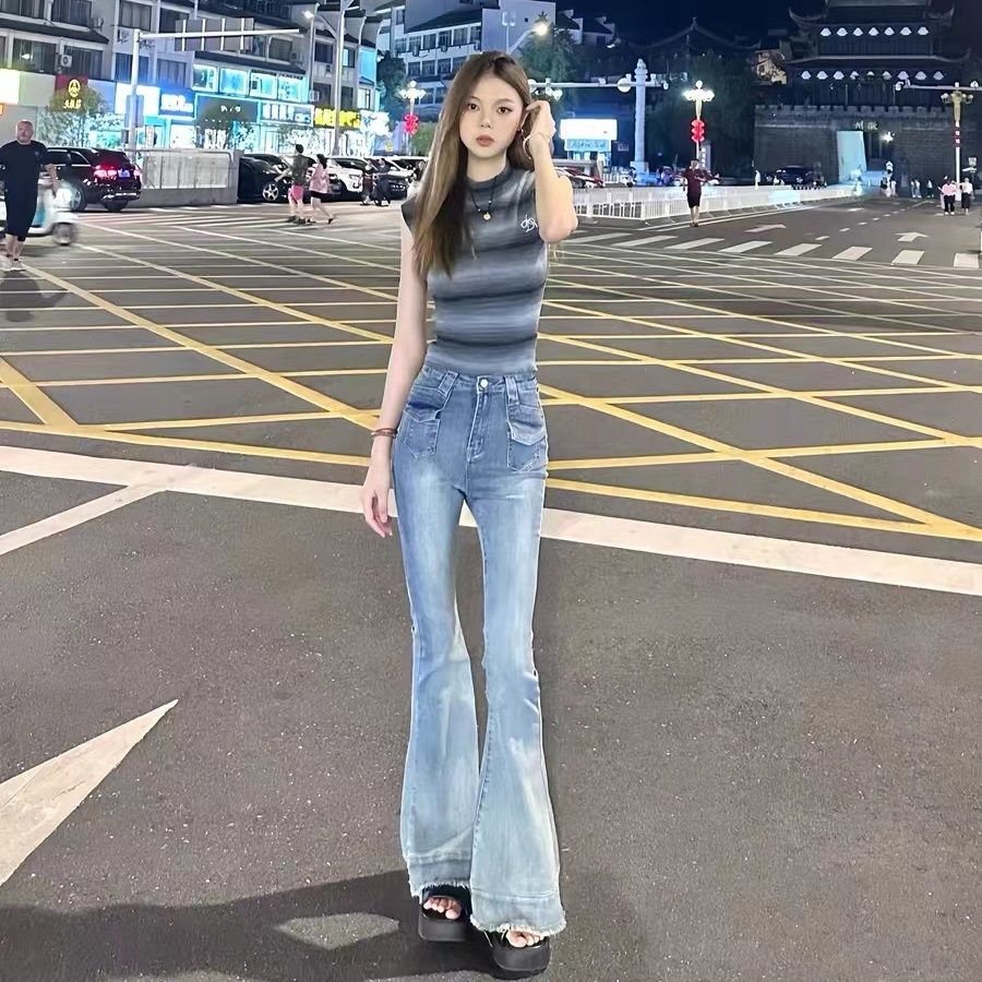 小個子復古高腰微喇叭牛仔褲女修身彈力辣妹毛邊馬蹄拖地長褲ins