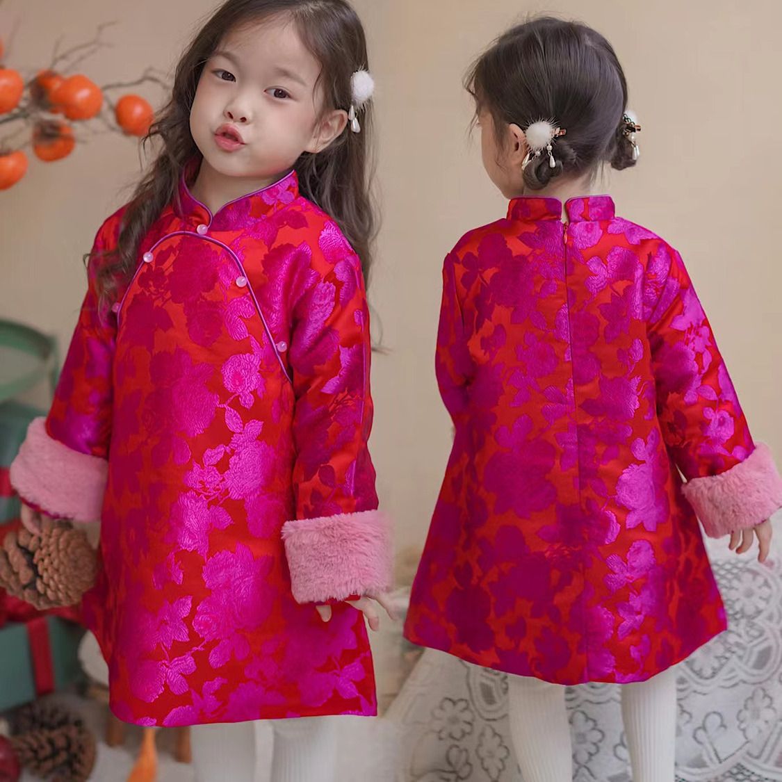 Girls' jacquard cheongsam winter baby girl New Year's wear children's new Chinese style skirt New Year's red New Year's wear