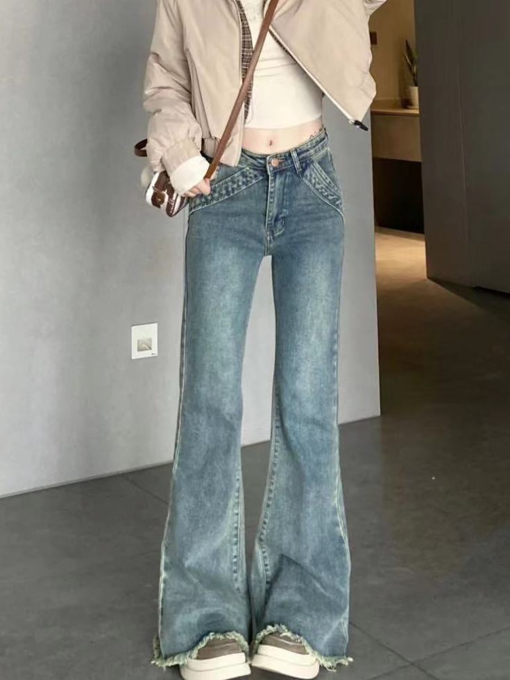 美式高街復古微叭牛仔褲女春季設計感低腰修身彈力顯瘦拖地馬蹄褲