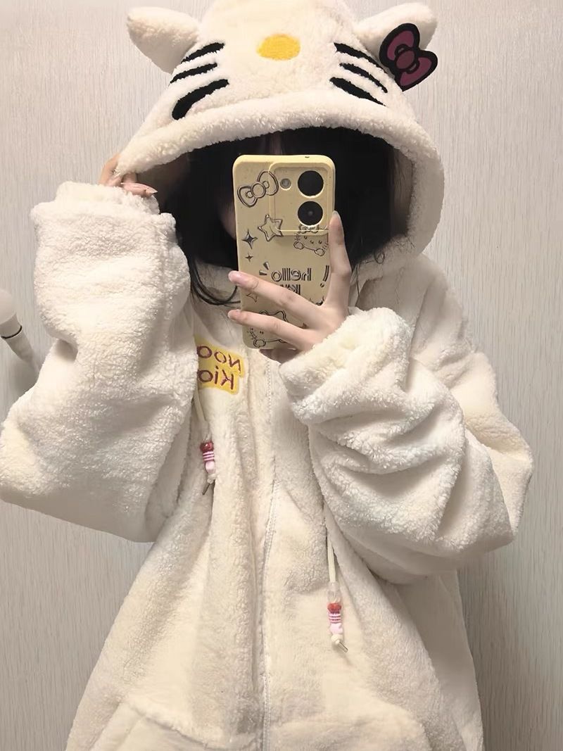 日系可愛凱蒂貓hellokitty羊羔絨外套女秋冬寬鬆慵懶風bf棉衣棉服