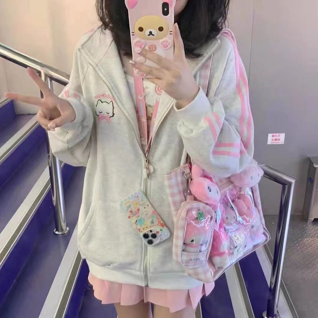 Pink cat embroidery Japanese cute and sweet autumn and winter girl two-piece sports suit jacket + casual trousers