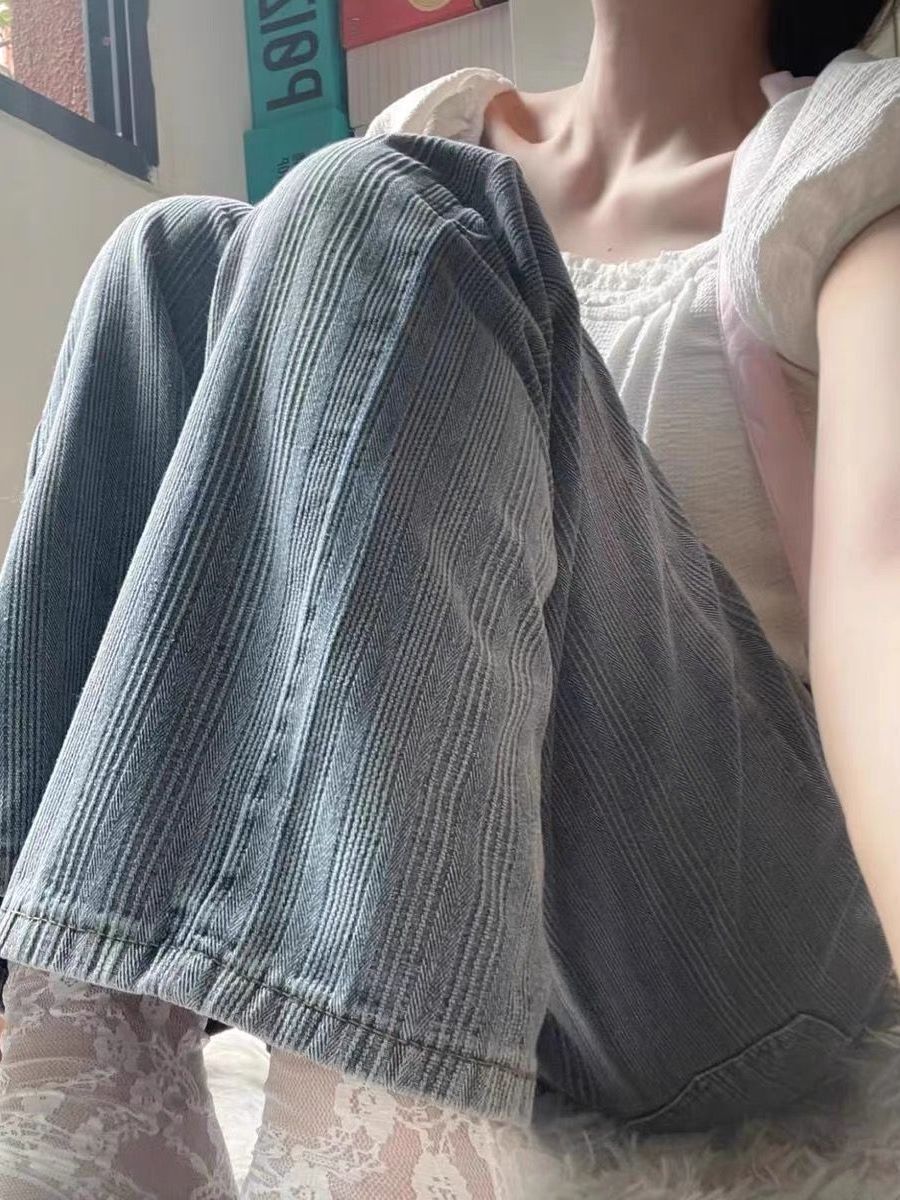 百搭豎條紋直筒牛仔褲女秋季2023新款高腰寬鬆顯瘦垂感闊腿長褲潮