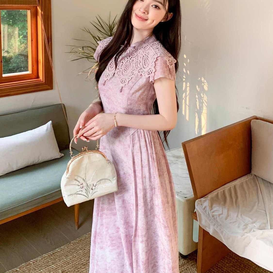 【预售15天】MOOUNCUNS/莫纯新款夏季新中式设计感云肩连衣裙紫色国风旗袍裙女