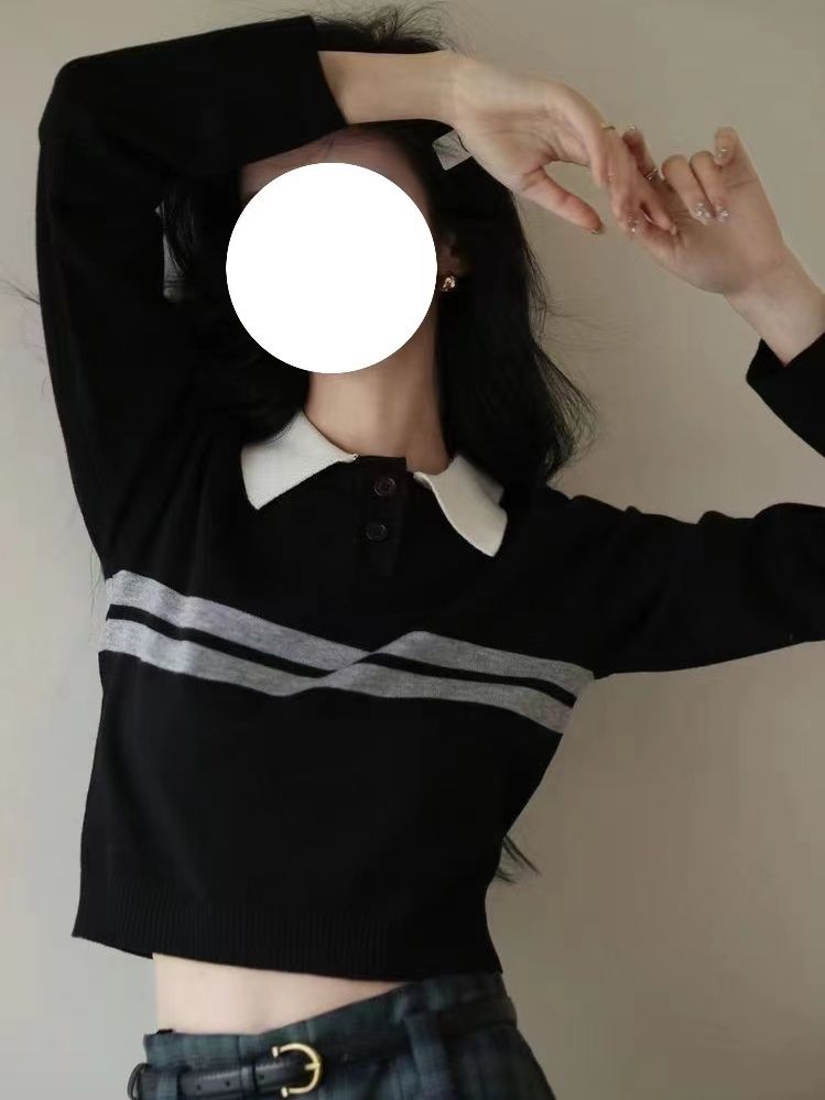 polo領撞色條紋針織長袖t恤女春秋季修身內搭打底衫高腰短款上衣