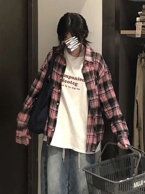 美式復古粉色格子襯衫女2023秋季新款寬鬆慵懶港味小個子長袖上衣