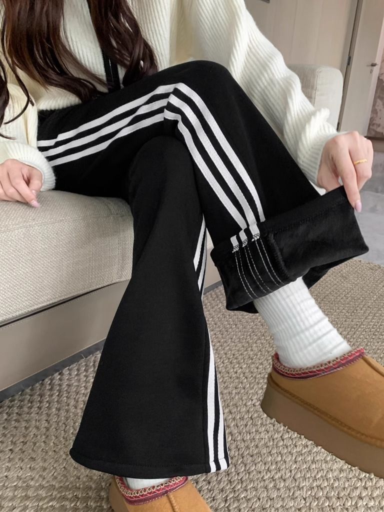 復古撞色三條槓加絨保暖微喇休閒褲女裝春秋冬季鬆緊腰拖地褲長褲