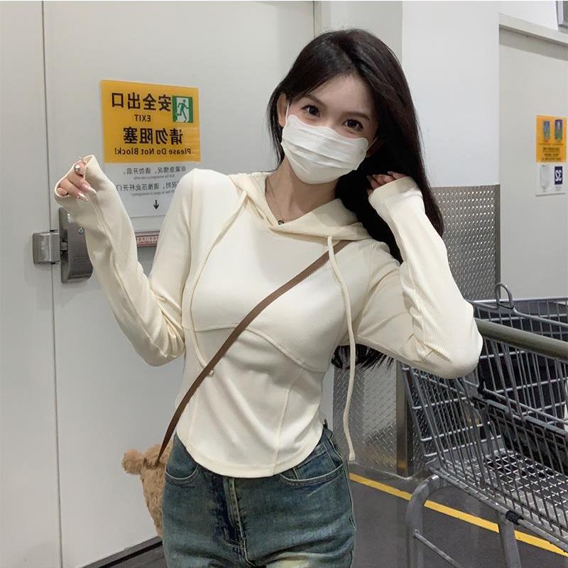 辣妹連帽短款衛衣女秋裝2023新款小個子美式修身別致魚骨長袖上衣