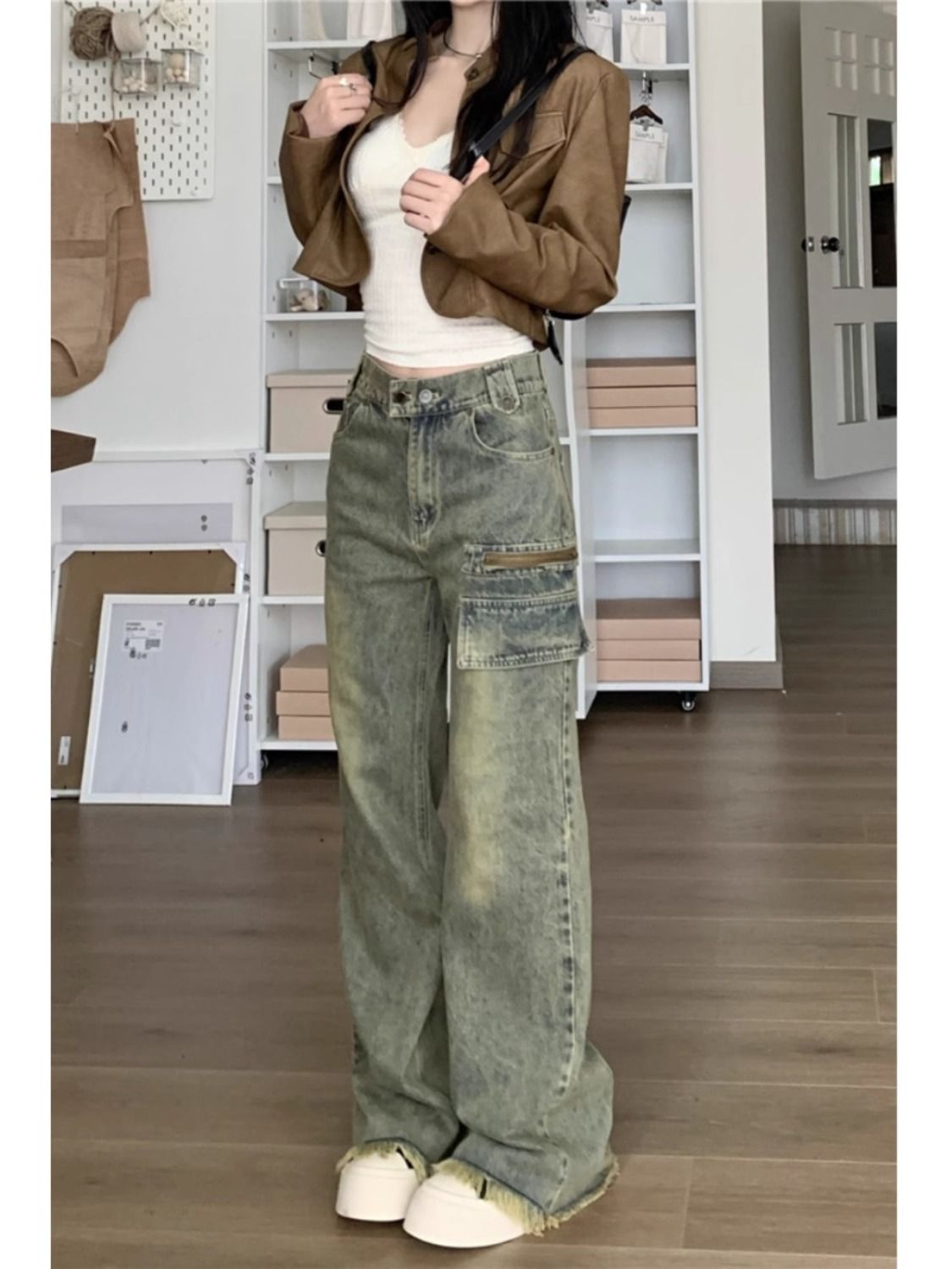 美式vibe高街褲子女復古水洗黃泥牛仔褲設計感窄版直筒寬鬆闊腿褲