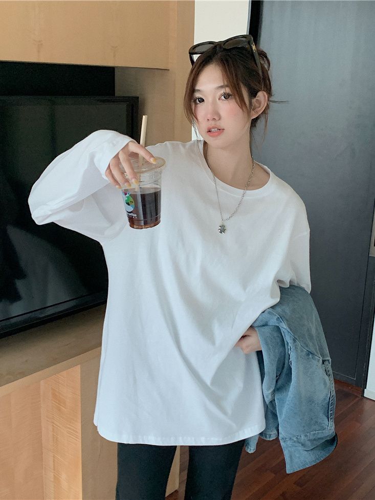 純棉中長款開叉T恤衫女韓版chic白色長袖寬鬆百搭顯瘦休閒上衣
