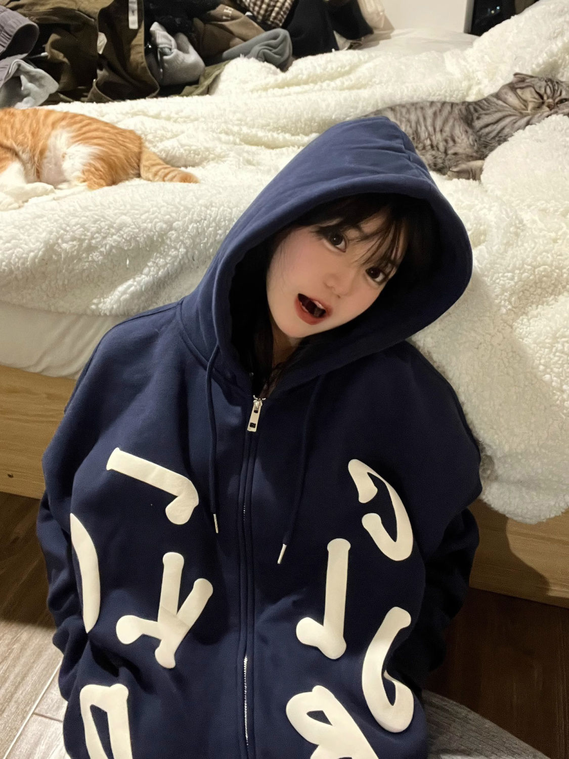 100%純棉連帽衛衣加絨加厚女秋冬百搭寬鬆bf慵懶風中長款休閒外套