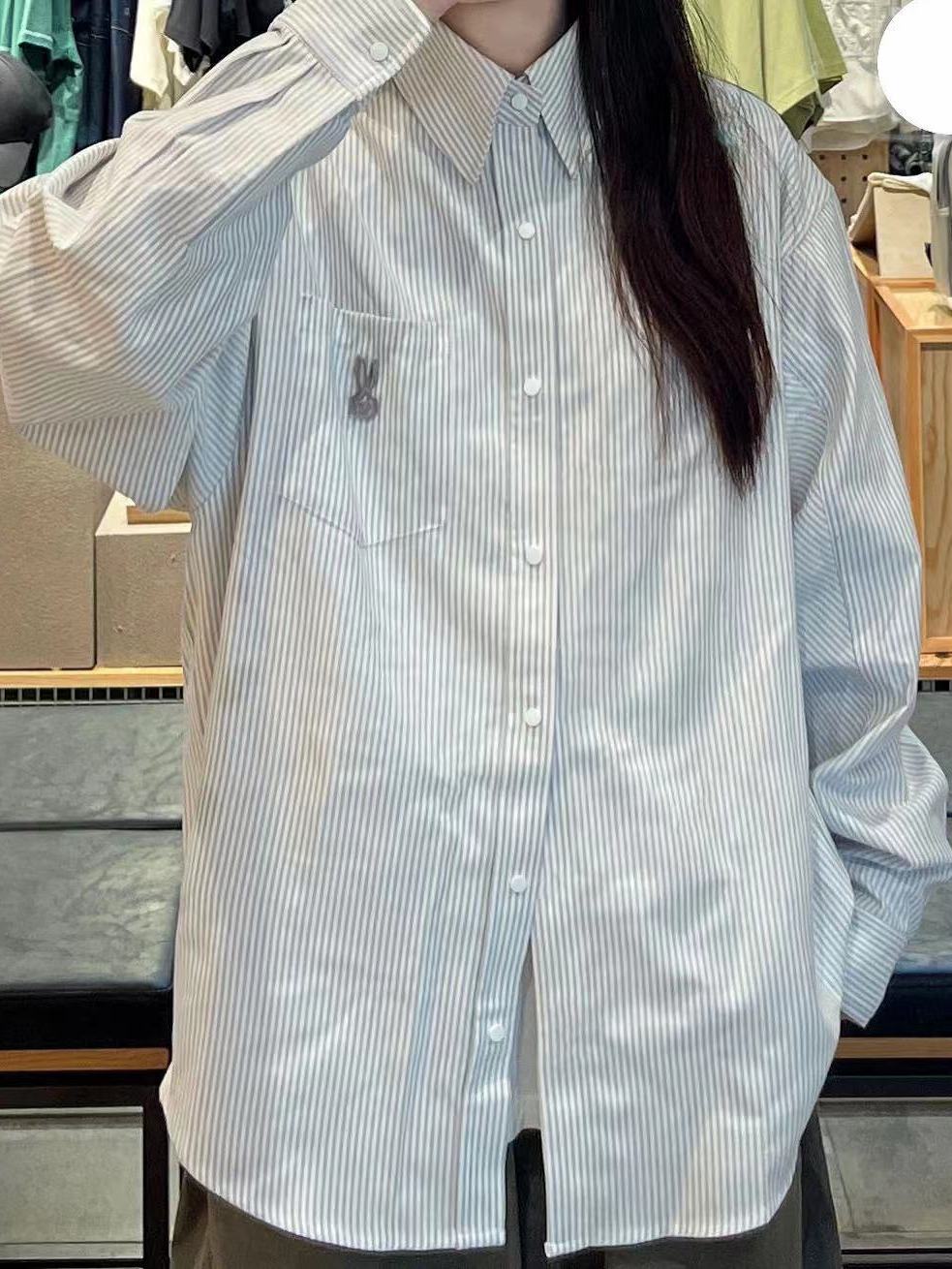 2023春秋款深灰色條紋襯衫外套女寬鬆遮肉顯瘦中長款高端襯衣外搭