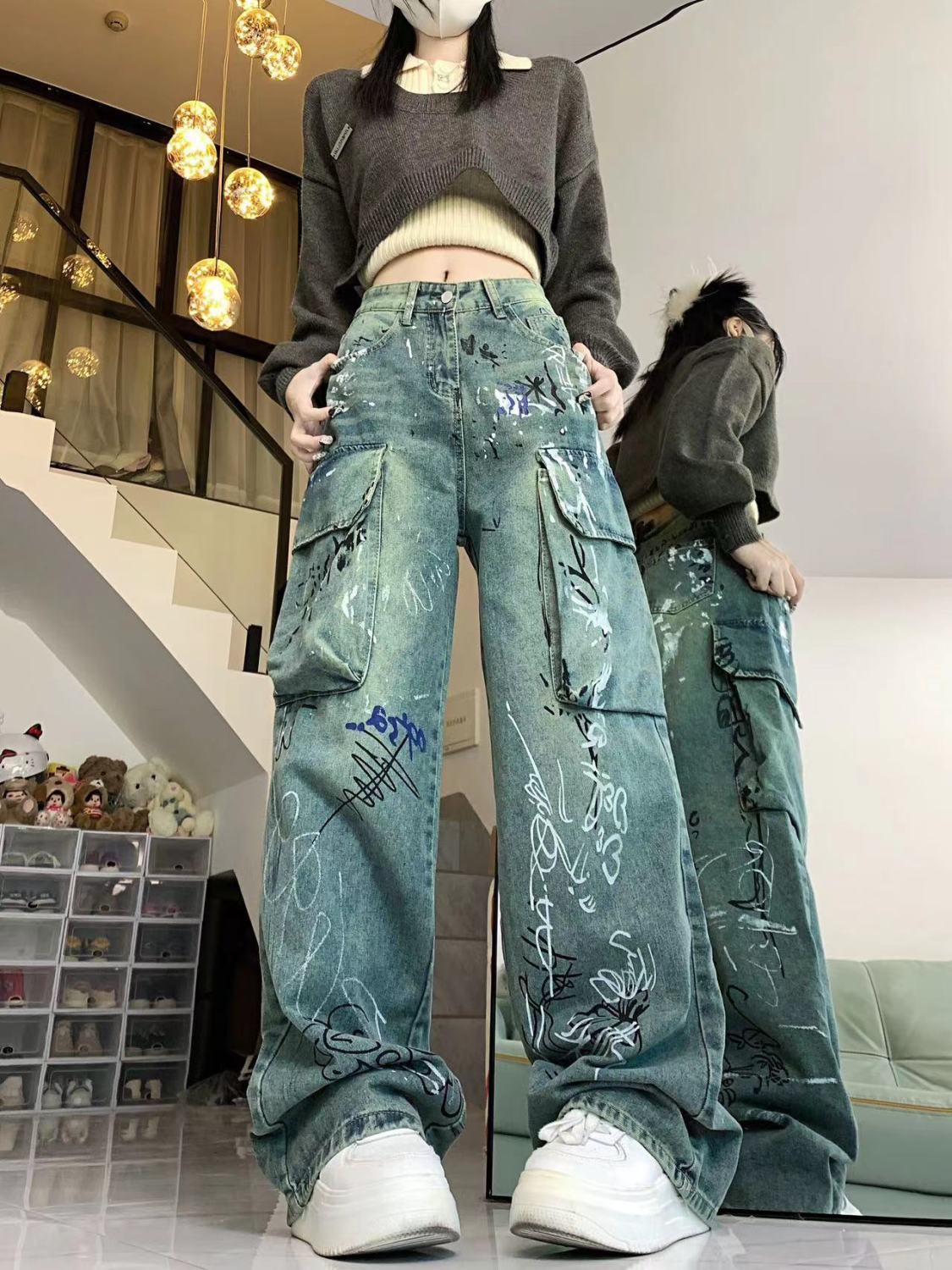 美式高街ins復古塗鴉工裝牛仔褲女秋冬設計感高腰寬鬆顯瘦闊腿褲