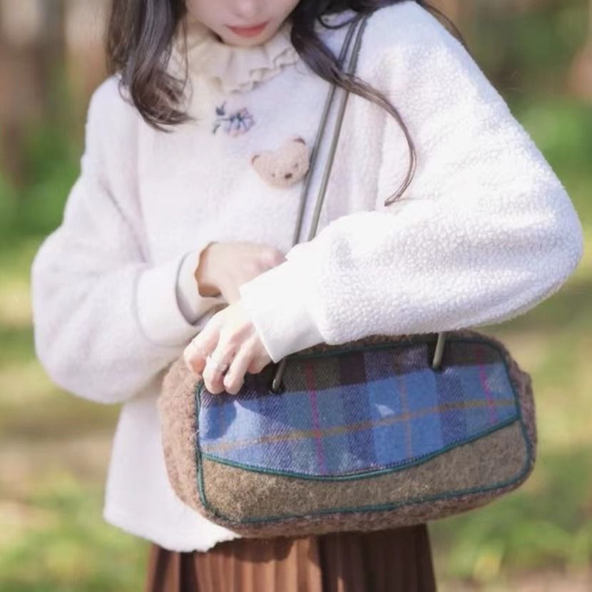 原創秋冬毛呢復古格子法棍包毛絨小眾單肩腋下包包女