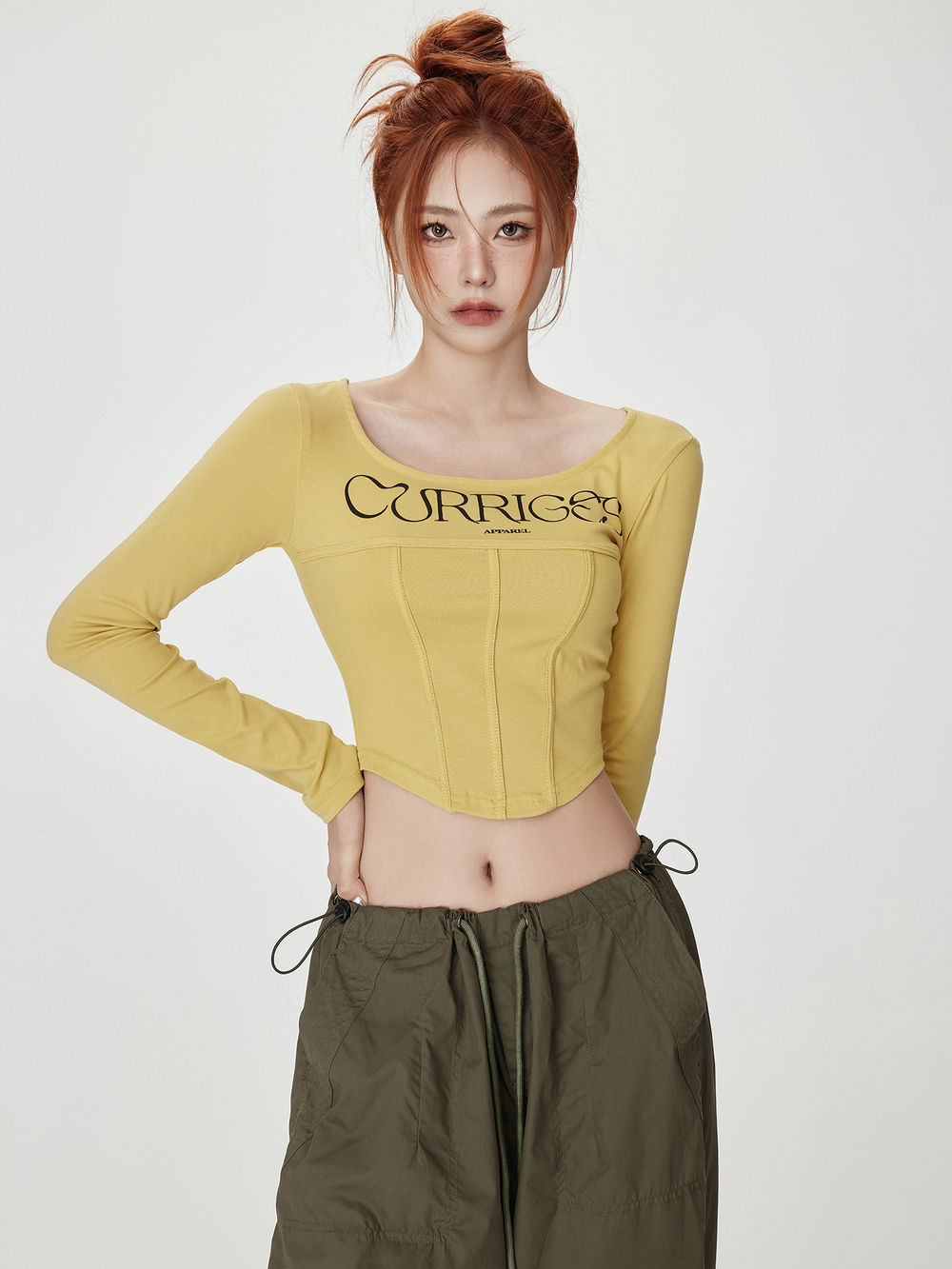 美式復古圓領魚骨修身顯瘦秋季長袖上衣新款百搭打底辣妹T恤短款