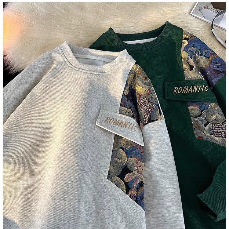 新中式小熊刺繡拼接衛衣男設計感春秋季圓領無帽國潮重磅情侶外套