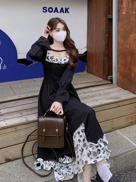 大碼女裝胖mm春秋季法式赫本風茶歇碎花連衣裙溫柔淑女收腰長裙