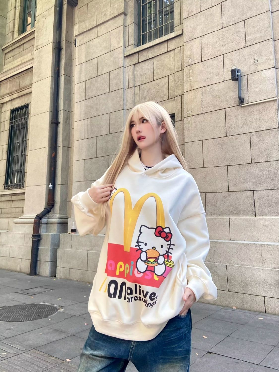 國潮美式復古kitty貓印花連帽衛衣男女秋冬新款重磅純棉上衣外套