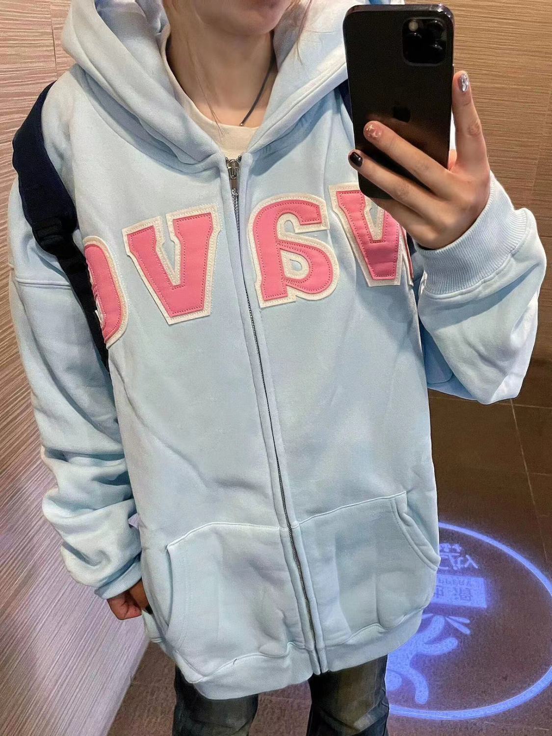 美式chic皮標刺繡連帽衛衣外套女冬季加絨加厚寬鬆小個子連帽開衫