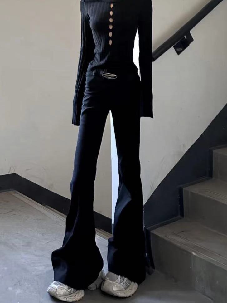 高街辣妹黑色加長微喇叭牛仔褲女春季高腰彈力顯瘦修身馬蹄拖地褲