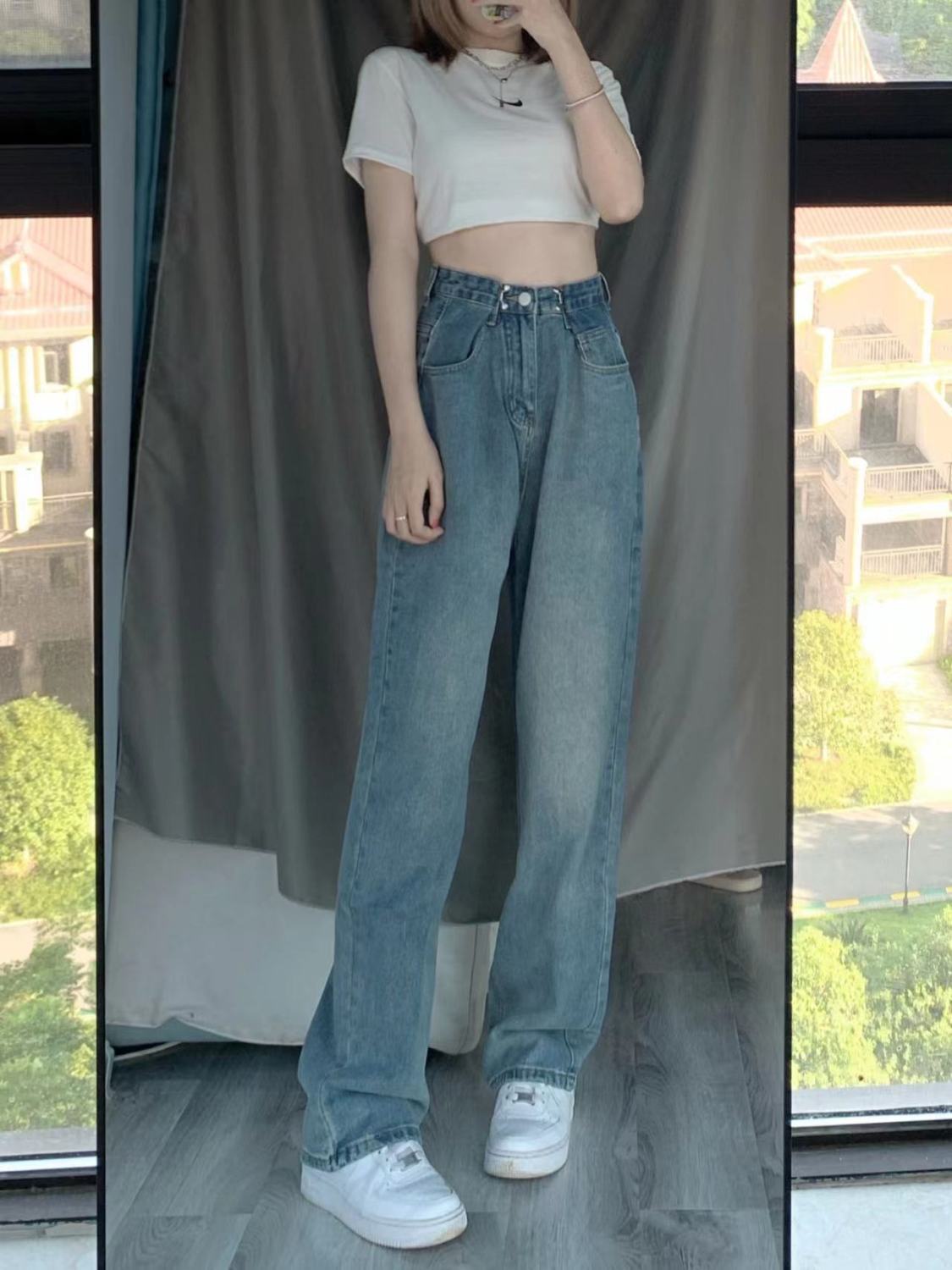 美式復古水洗藍色牛仔褲女寬鬆直筒闊腿褲辣妹小個子顯瘦高街褲子