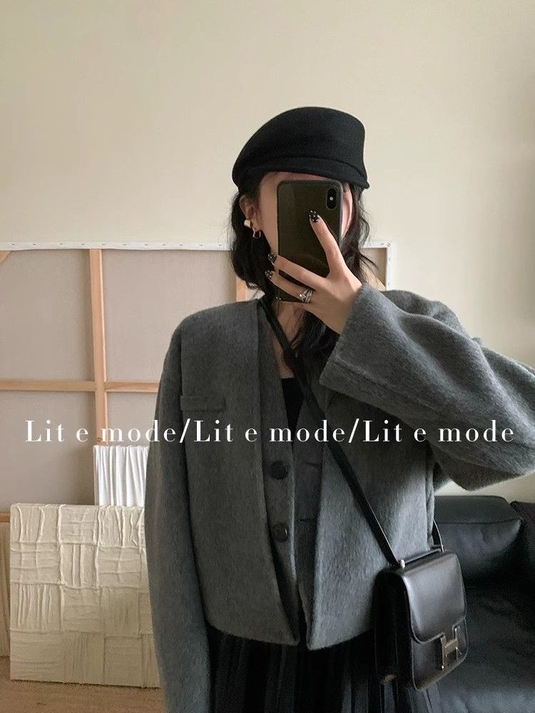 Double layer coat for women  autumn and winter new loose Korean style small fake two-piece suit wool double-sided nylon coat