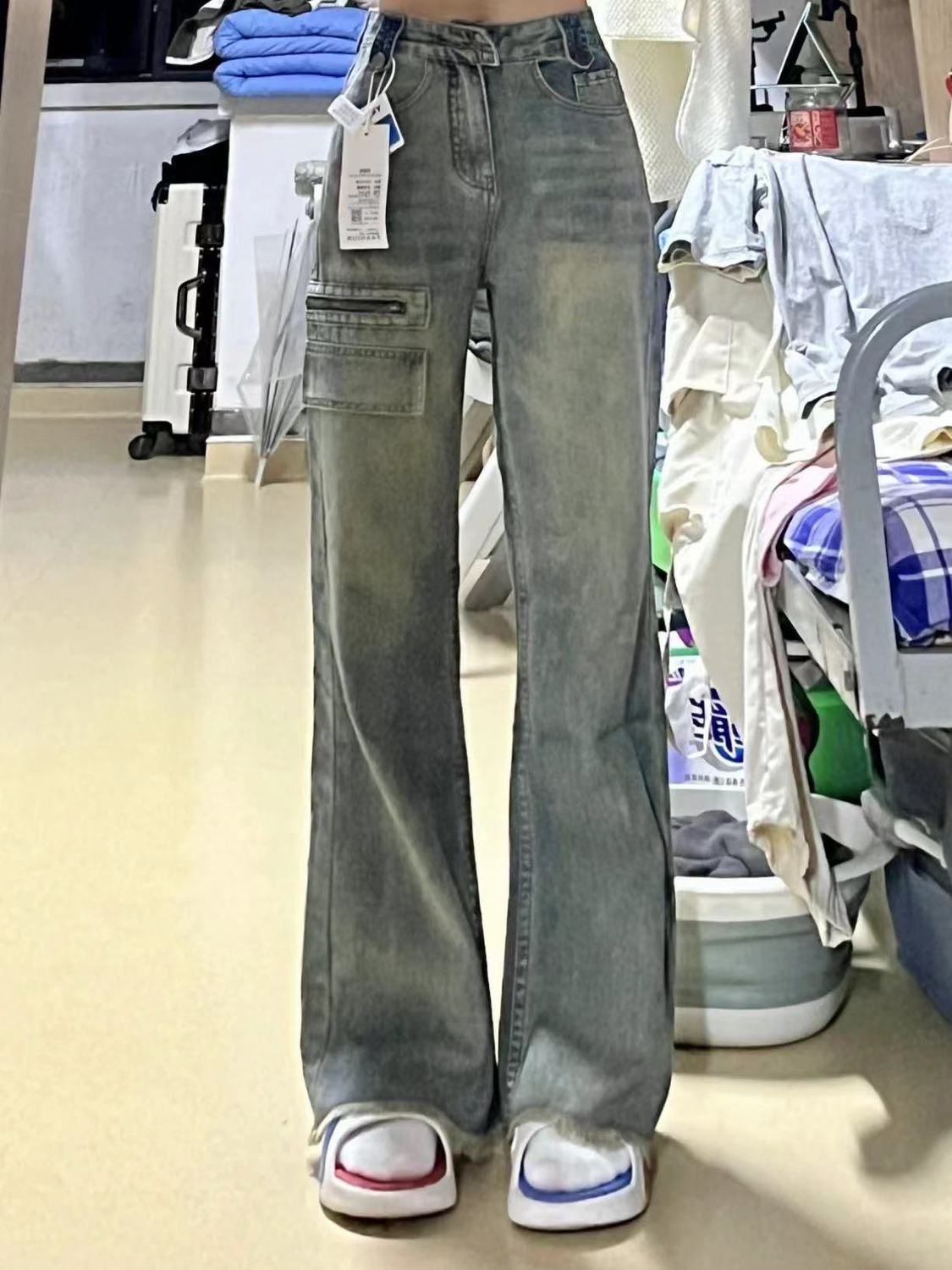 美式vibe復古毛邊工裝褲牛仔褲女秋冬設計感高腰寬鬆顯瘦直筒褲潮
