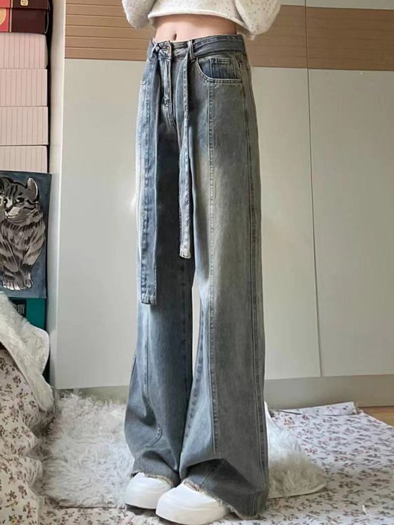 美式復古高街綁帶毛邊牛仔褲女高腰顯瘦闊腿褲直筒褲拖地長褲子潮