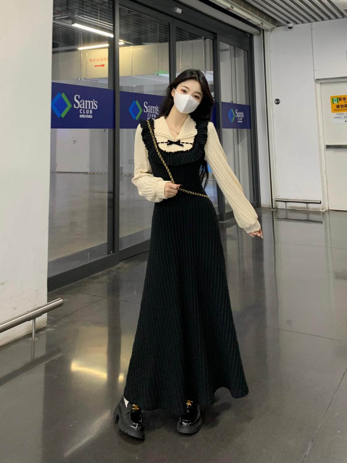 秋冬新款大碼女裝胖mm顯瘦遮肚法式赫本風高級感假兩件針織連衣裙
