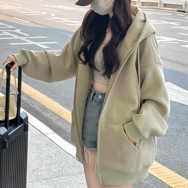 美式chic牛油果綠色衛衣外套女冬季加絨加厚銀狐絨拉鏈外套開衫潮