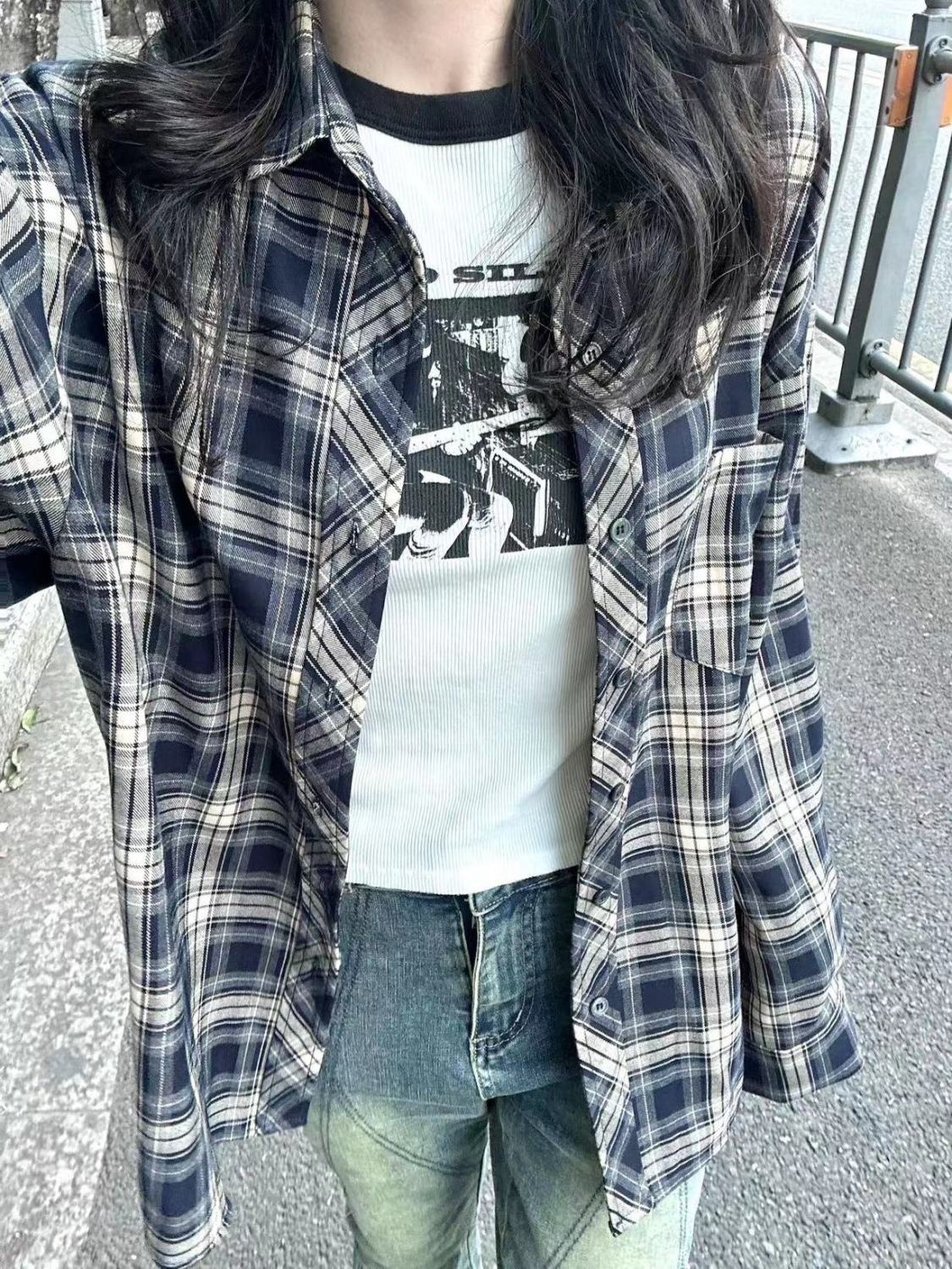 復古chic格子襯衫外套女秋冬款oversize寬鬆垂墜感慵懶風襯衣外穿
