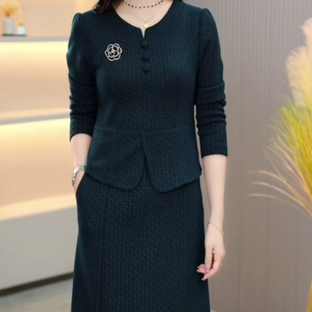 中年女裝磨毛精紡假兩件旗袍洋氣復古風2023春秋款名媛修身連衣裙