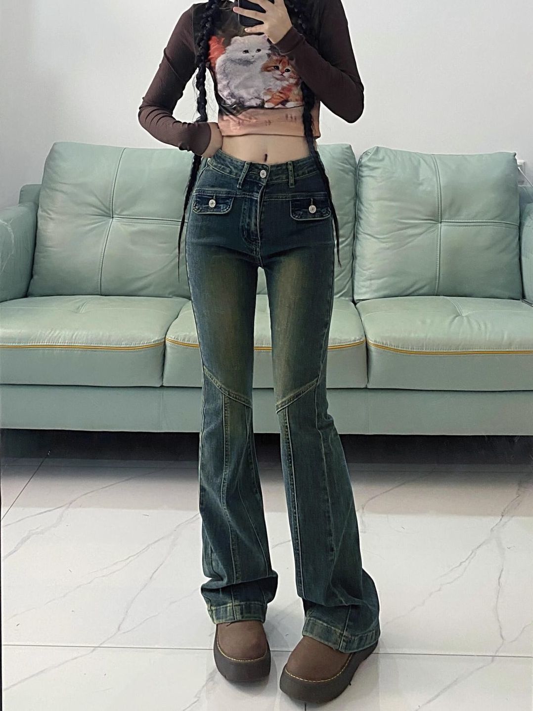 復古做舊微喇叭牛仔褲女美拉德小個子辣妹修身彈力顯瘦馬蹄拖地褲
