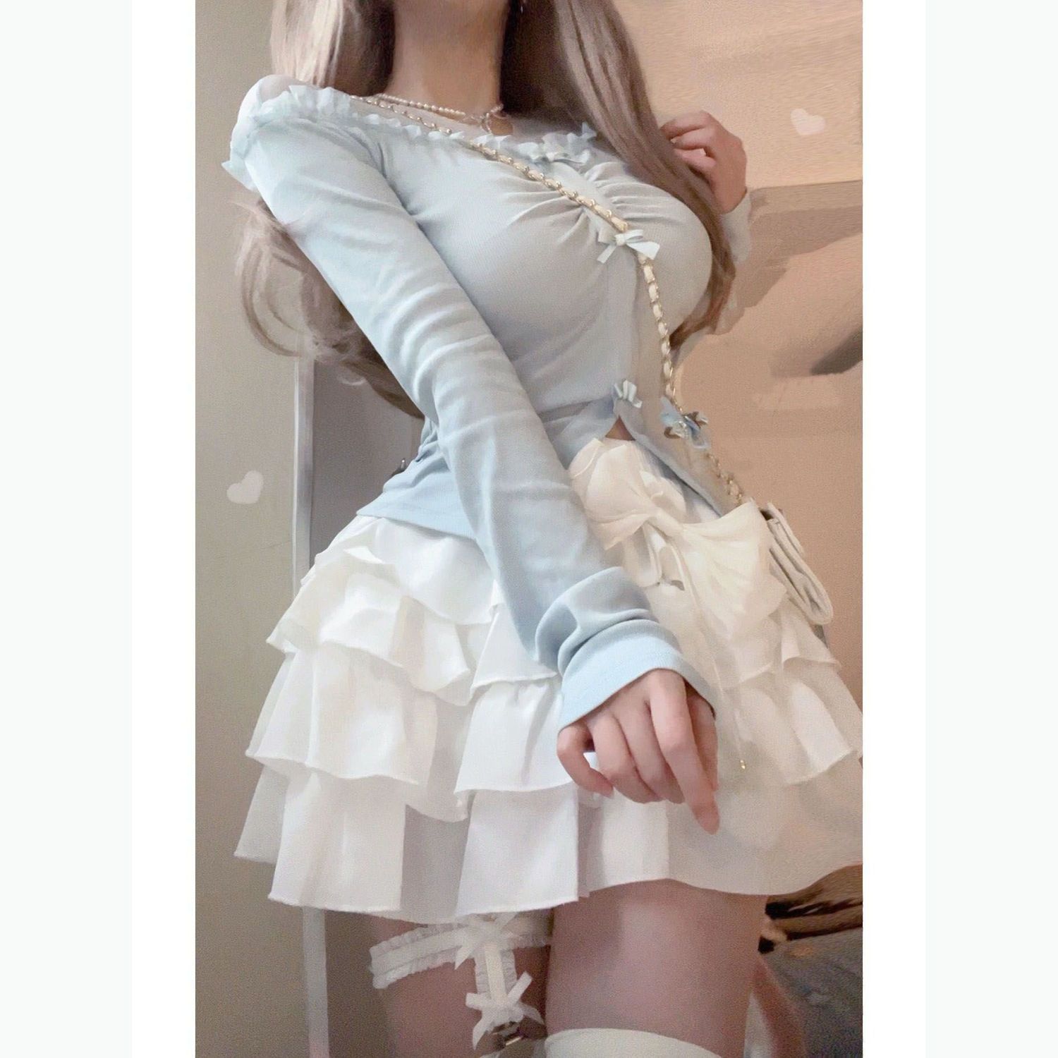 套裝女2023秋季新款辣妹修身短款拼接長袖T恤上衣高腰蛋糕半身裙