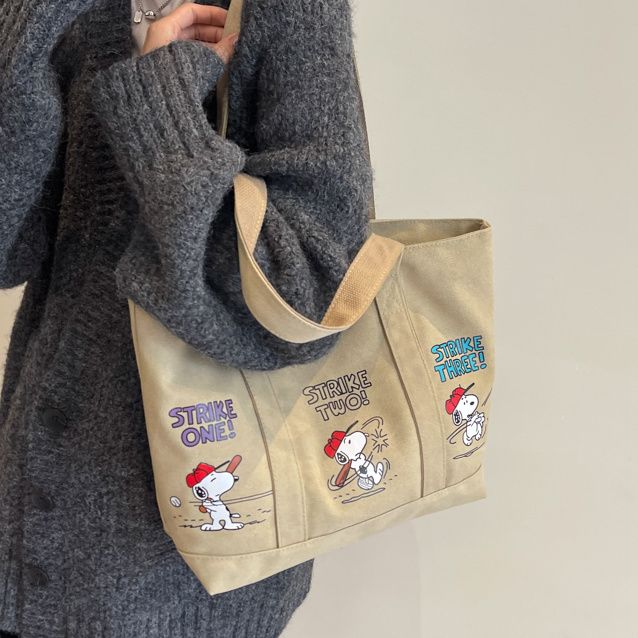 史努比刺繡日系可愛帆布包寶媽外出手拎包便當包上班族手提包女