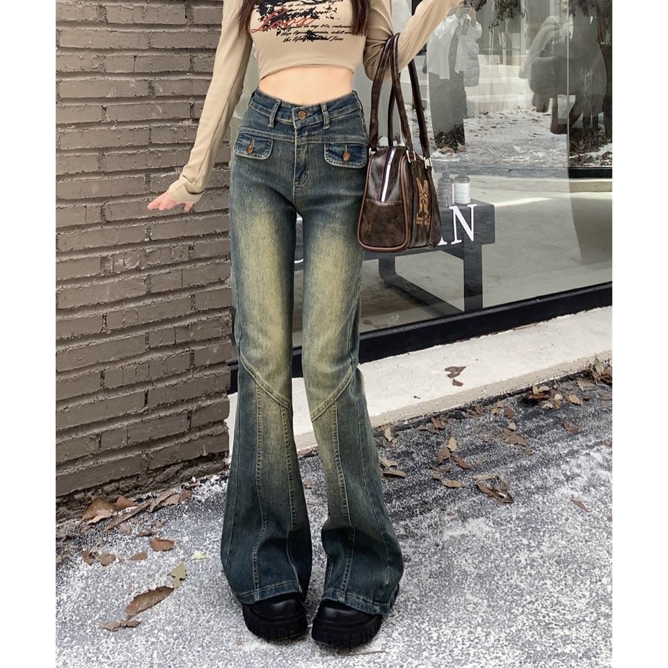 做舊拖地褲高腰直筒微喇叭褲長褲設計感藍色牛仔褲女秋裝復古水洗