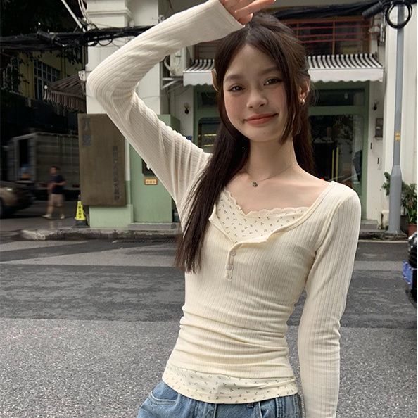 小碎花假兩件修身打底衫女秋冬蕾絲內搭韓系小眾針織衫長袖上衣潮