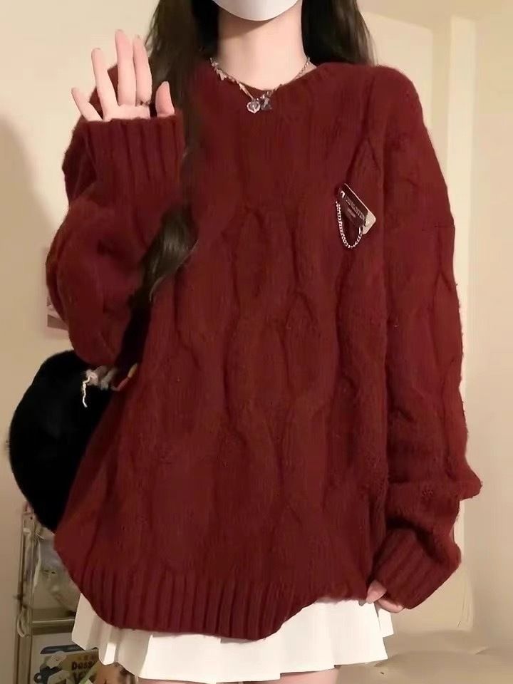 簡約聖誕新年紅色毛衣女秋冬新款寬鬆外穿麻花針織衫慵懶風上衣厚