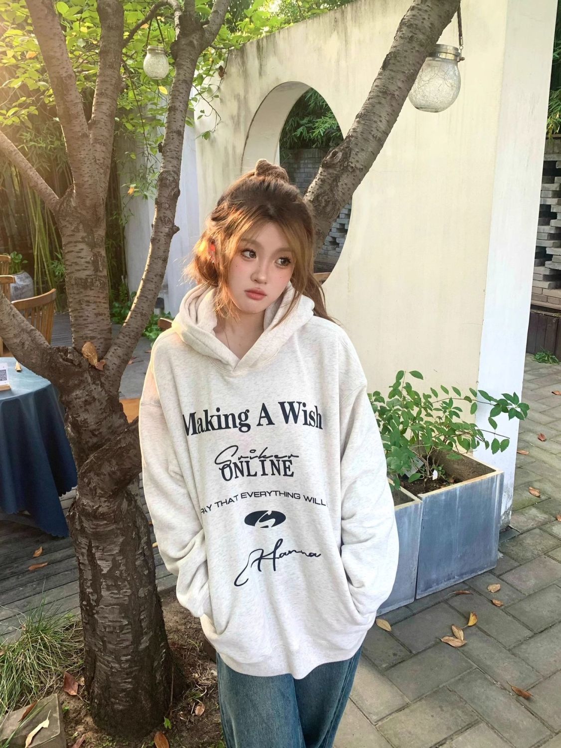 國潮美式復古字母標語印花連帽衛衣女秋冬新款重磅純棉銀狐絨外套